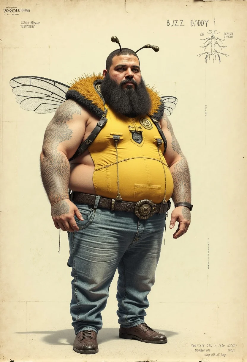 A technical CAD drawing of a Full body portrait shot, A giant fat man with a beard who is dressed as a bumble bee,  in a crop top tank top, jeans that are skin tight, partying at a rave, trying to pretend that it is human, written in sketched pencil above him reads, "Buzz Daddy!", images are taken on a polaroid disposable camera, flash photography