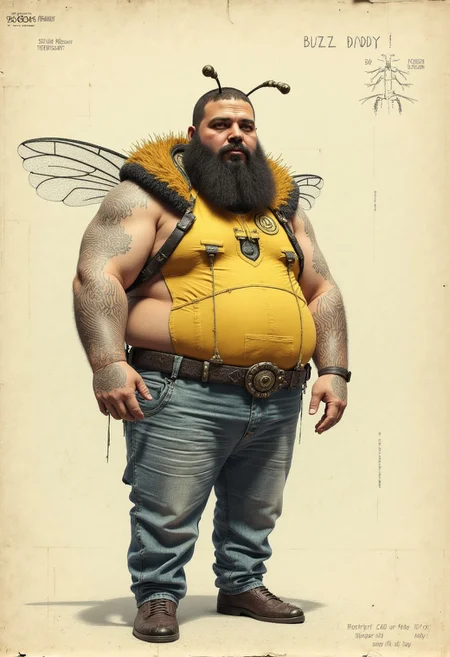 A technical CAD drawing of a Full body portrait shot, A giant fat man with a beard who is dressed as a bumble bee,  in a crop top tank top, jeans that are skin tight, partying at a rave, trying to pretend that it is human, written in sketched pencil above him reads, "Buzz Daddy!", images are taken on a polaroid disposable camera, flash photography