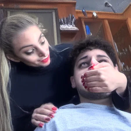 interrogation room, handgag, handgagging, kidnapping, hand over mouth, close-up, low-angle, small hand, big hand, blue nails, red nails, black nails, covering mouth, <lora:Handgag_2:1>,
BREAK pointy nose, blonde heretic, <lora:Heretic_Blonde:1>, school uniform, seductive smile, 1girl
BREAK 1boy, young, terrified