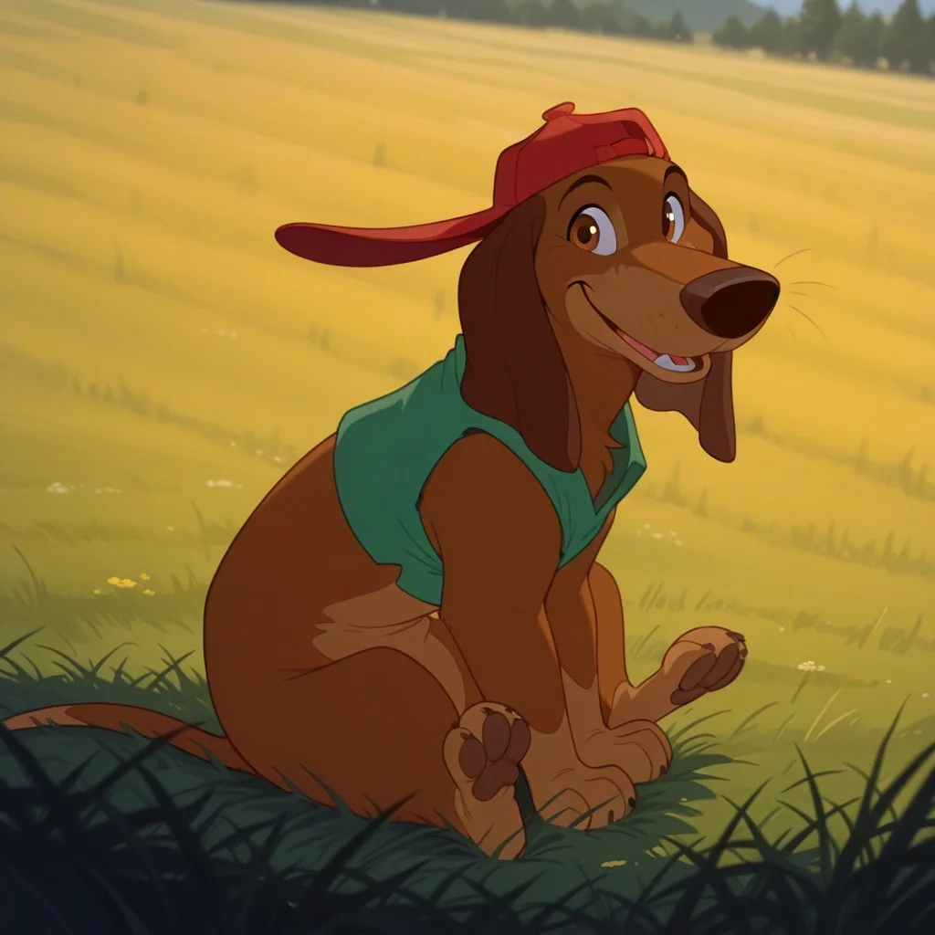 masterpiece, best quality, amazing quality, ItchyItchifordil, feral, male, Dachshund, brown fur, long ears, green shirt, sleeveless, red hat, outside, sitting, happy, in a field, looking at viewer, <lora:b2ab6894-b900-4f5f-b9a1-1fff9a5920ec:1.0>