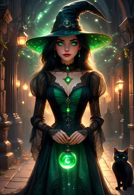 breathtaking oil painting, 3D cartoon Disney character portrait render. Female witch, raven-dark hair, mid-20s appearance, emerald eyes, pale glowing skin, pointed chin, elegant nose, hourglass figure, black mesh dress, lace trim, pointed hat, silvery moons and stars, slender waist, sheer sleeves, lace collar, mystical aura, bound to the moon's cycle, ancient lineage, nomadic, enigmatic, charming, sharp wit, captivating smile, moonlit beauty, cunning, fiercely independent, protector of the misunderstood, obscure lore enthusiast, rare ingredients seeker, mysterious smile, (halloween themed artwork) , black cat pet, bokeh, 4k, highly detailed, Pixar render, CGI Animation, Disney, cute big circular reflective eyes, dof, (cinematic film), Disney realism, subtle details, breathtaking Pixar short, fine details, close up, sharp focus, HDR, Disney-style octane render, incredible composition, superb lighting and detail, 1girl , photorealistic oil painting, by charlie bowater, fine details, by wlop, trending on artstation, very detailed, hkmagic