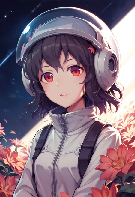 score_9, score_8_up, score_7_up, score_6_up, austr, anime, A young woman inside a space helmet, gazing thoughtfully. She has wavy dark hair, and the visor of her helmet is clear, showing her serene expression. Around her, peach-colored flowers, creating a contrast between the soft, delicate blooms and the hard, futuristic space helmet. The background is a cosmic, starry scene, blending elements of nature and space