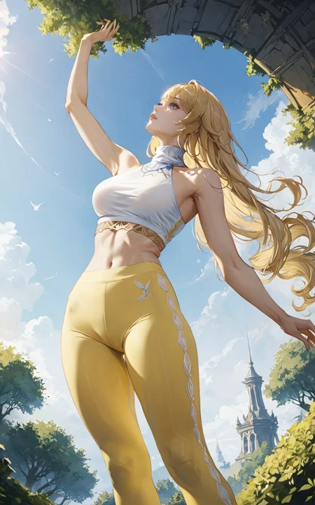 extreme detailed 1girl, masterpiece, ultra-detailed, an extremely delicate and beautiful, solo, navia /(genshin impact/), blue eyes, long hair, white yellow leggings, white yellow crop top, sleeveless, covered neck, bare shoulders, sneakers, stay, arm up, look at viewer, from below, park, <lora:Navia_XL_LoRA:1> <lora:Desolation:0.5> <lora:aesthetic_anime_v1s:0.6>