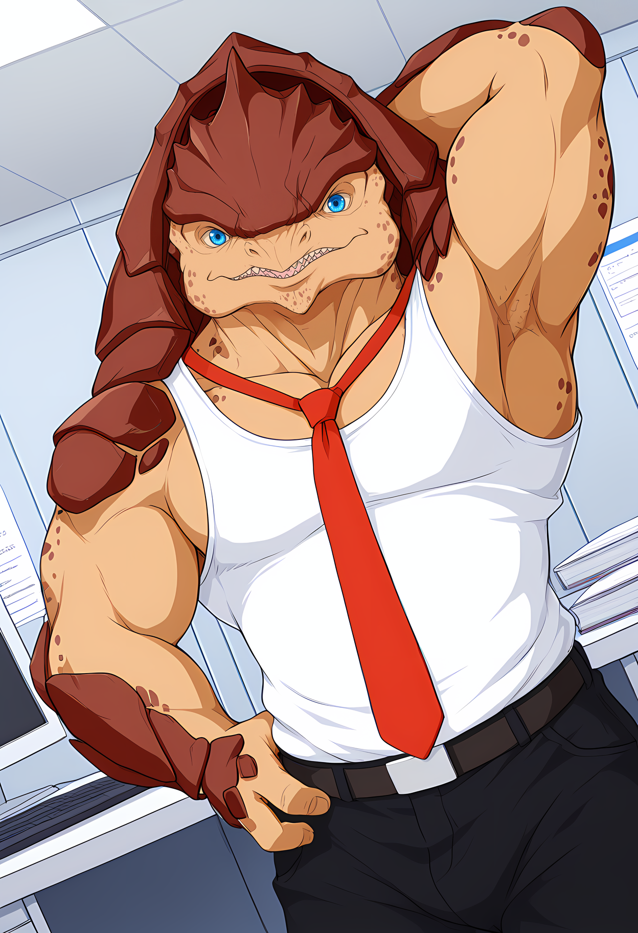 sz3d3k, wfastyle, tk_style, masterpiece, best quality, amazing quality, dutch angle, office, cubicle, computer, BREAK
one arm behind head, armpit, upper body focus, BREAK
solo, male focus, 1boy, me_krogan, brown body, blue eyes, muscular male, white tank top, red necktie, black pants, BREAK
<lora:cfg_scale_boost:.6>  <lora:Krogans_-_Mass_Effect_-_ILXL:1>, <lora:Anti_Dev_Style_PonySDXL:0.8> antidev <lora:Hotcha:0.8> hotcha <lora:Rayray_Sparkling_Bunny_Style:0.8>
