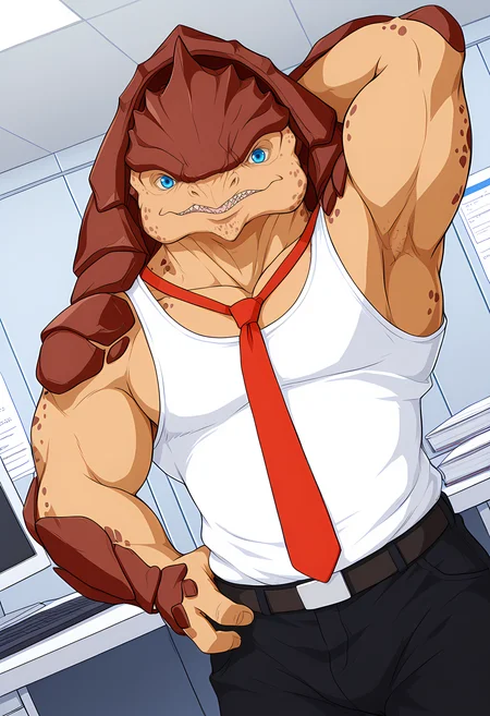 sz3d3k, wfastyle, tk_style, masterpiece, best quality, amazing quality, dutch angle, office, cubicle, computer, BREAK
one arm behind head, armpit, upper body focus, BREAK
solo, male focus, 1boy, me_krogan, brown body, blue eyes, muscular male, white tank top, red necktie, black pants, BREAK
<lora:cfg_scale_boost:.6> <lora:Krogans_-_Mass_Effect_-_ILXL:1>, <lora:Anti_Dev_Style_PonySDXL:0.8> antidev <lora:Hotcha:0.8> hotcha <lora:Rayray_Sparkling_Bunny_Style:0.8>