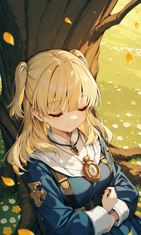 solo, 1girl, rosette christopher blonde hair, long hair,medium breasts, two side up, holding pendant watch, leaning on tree, looking at object, closed eyes, smile, grass, turning head, sleeping, scenery, upper body, from above, falling petals, warm theme, sensitive, hitomaru, (nikorashi-ka:0.5),(mikozin:0.4), (bison_cangshu:0.4),(kuzuvine:0.6), latest, masterpiece,best quality,newest,absurdres,highres,very aesthetic, very awa,