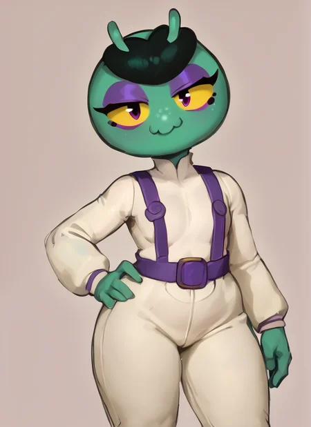 score_9, score_8_up, score_7_up, <lora:bseve:1> bseve ,1 girl , green skin , no humans, monobrow , no hair ,yellow sclera, antennae, eyeshadow, suspenders ,white bodysuit, long sleeves, pants , suspenders, , smile , half-closed eyes, hand on own hip, ,looking at viewer, <lora:Kittew-4RCH0N:1>smile,