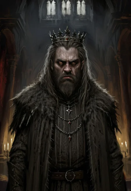 (horror-themed digital painting in jrst artstyle:1.2) about a mad king, upper body portrait, hair down, dirty, stubble beard, sad, depressed, tear, tattered noble outfit, crumbling palace interior, unsettling, terrifying, dark, spooky, suspenseful, grim, highly detailed