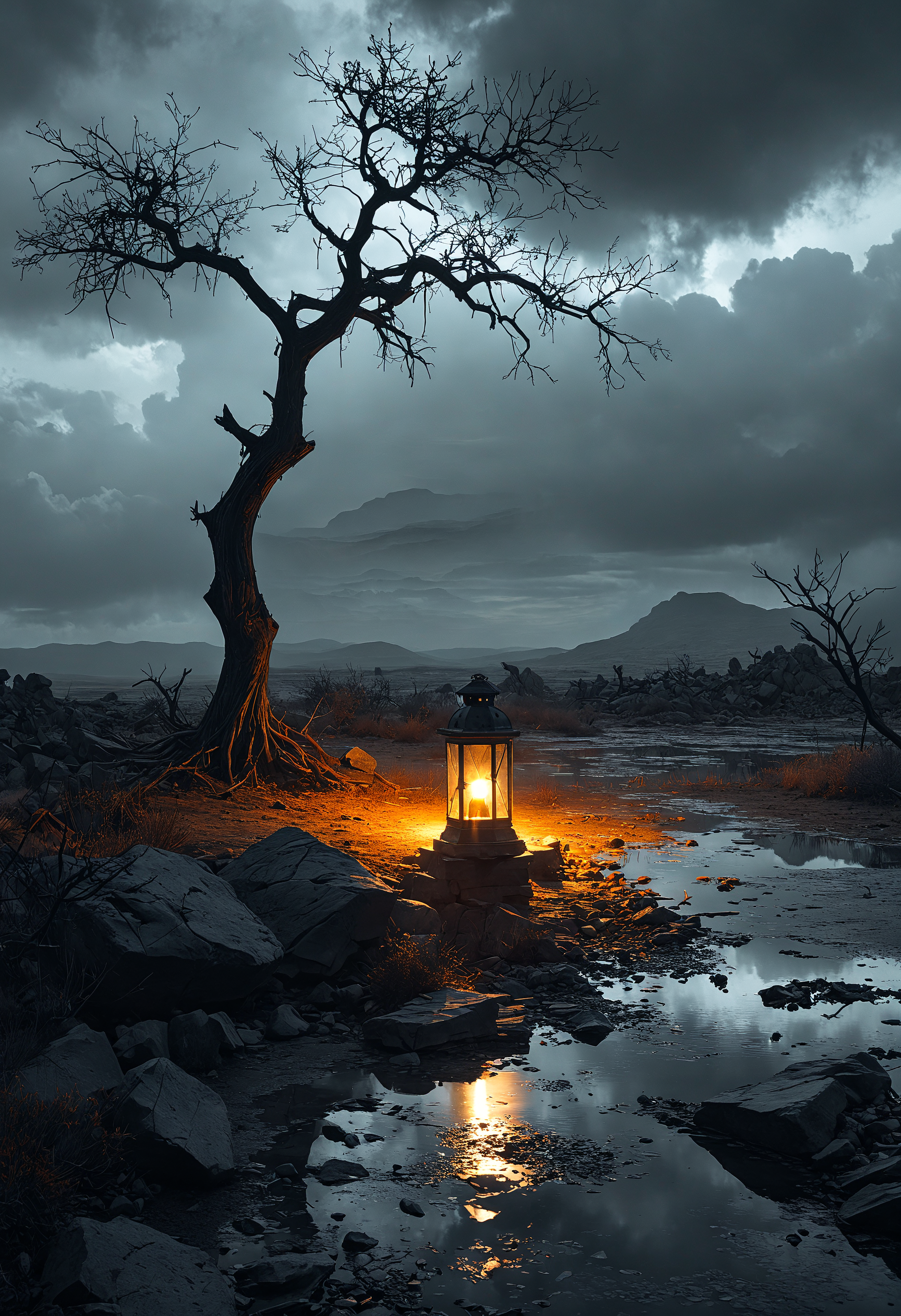concept art Within a vast, abandoned wasteland, the skeletal remains of ancient structures loom ominously against a dark, stormy sky. The world is bathed in muted tones of grey and black, and a heavy silence hangs in the air, amplifying the sense of despair and desolation. In this forsaken place, a single tree stands, barren and lifeless, yet at its base, a small, bright light shines from a solitary lantern. This lonely light casts long shadows and illuminates the surrounding darkness, telling a story of enduring hope and the fragile beauty of light in the midst of overwhelming gloom<lora:add-detail-xl:1> <lora:MJ52:0.5>  <lora:sss:0.5> <lora:zavy-flrscnc-sdxl:0.3> . digital artwork, illustrative, painterly, matte painting, highly detailed