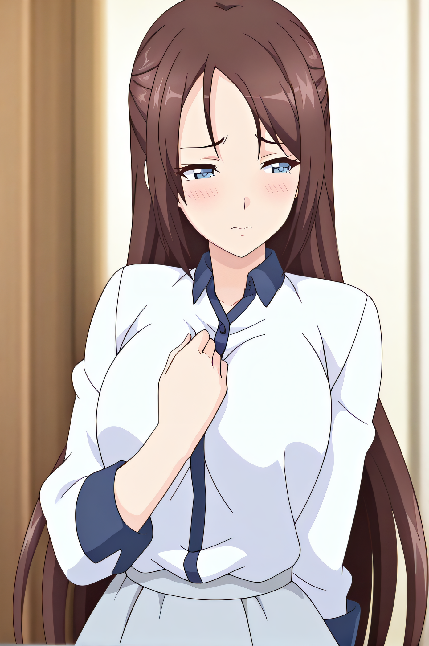 masterpiece, best quality, highres, newest, 1girl, solo, official style, anime screencap, <lora:IL_Okinaka_Yurina:1>, yurina, brown hair, long hair, blue eyes, white shirt, grey skirt, indoor, looking away, blush, hand on chest, upper body, sad expression