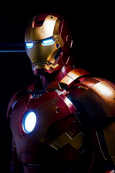 award winning photo of (iron man) posing in a dark studio, (rim lighting,:1.4) two tone lighting, red hue, octane, unreal, dimly lit, low key, to8contrast style