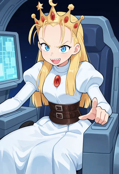 1girl, solo, dvltte, long blonde hair, hair slicked back, crown, blue eyes, slit pupils, white dress, puffy juliet sleeves, sitting, cockpit, hologram monitors, pointing, open mouth, smile, sharp teeth, serious,