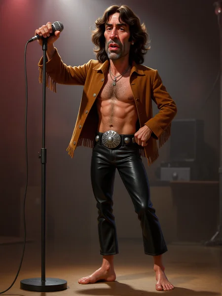Animated caricature of Jim Morrison: full-body view of Morrison standing barefoot with one arm raised dramatically and the other holding a vintage microphone. His facial features are exaggeratedâintense, deep-set eyes with dark lashes, a wide mouth with full lips slightly parted as if singing, and a square jaw. His thick, wavy brown hair falls to his shoulders in tousled curls. He wears tight black leather pants with a silver concho belt, and his bare chest is visible under an open suede jacket with fringe along the arms. A spotlight highlights his silhouette against a smoky, psychedelic backdrop in dark reds and purples. <lora:3d_caricature_Strong:0.8>
