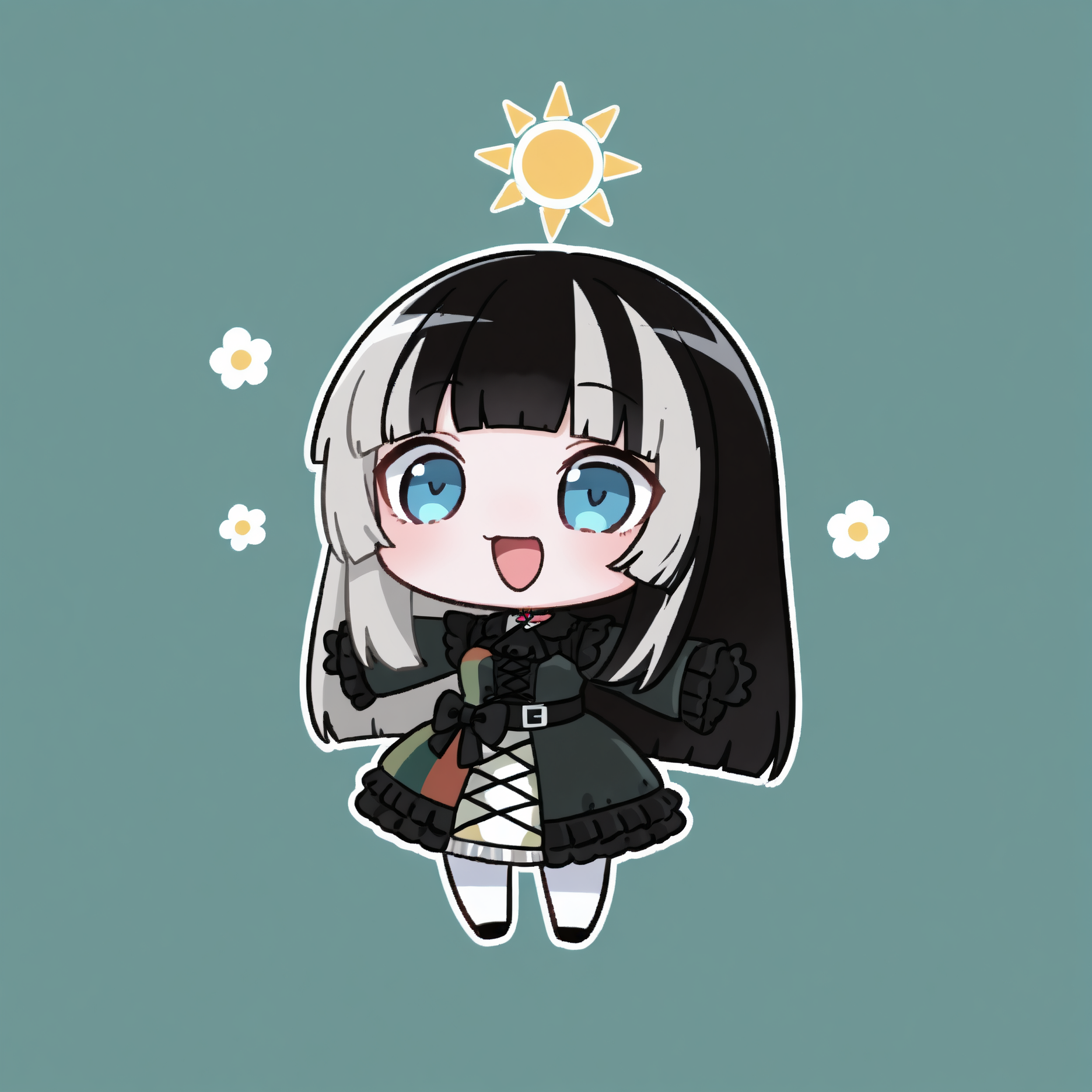 <lora:Style_KikivVmal:1>, chibi, simple background,
 <lora:ChamJuufuuteiRadenNoob:1>, R4denDef, blue eyes, black hair, grey hair, multicolored hair, long hair, hime cut, choker, black ascot, multicolored dress, black dress, green dress, frills, black bow, waist bow, long sleeves, black gloves, white pantyhose,
spread arms, open mouth, happy, flower \(symbol\), sun symbol, masterpiece, best quality