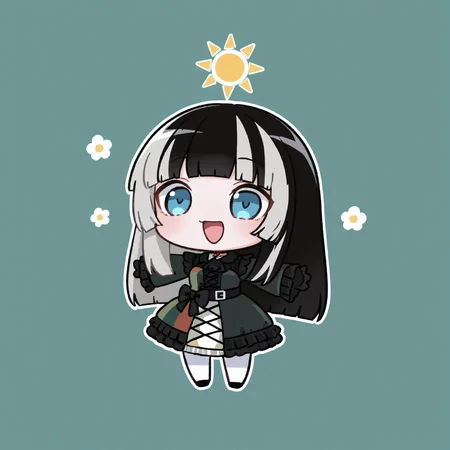 <lora:Style_KikivVmal:1>, chibi, simple background,
<lora:ChamJuufuuteiRadenNoob:1>, R4denDef, blue eyes, black hair, grey hair, multicolored hair, long hair, hime cut, choker, black ascot, multicolored dress, black dress, green dress, frills, black bow, waist bow, long sleeves, black gloves, white pantyhose,
spread arms, open mouth, happy, flower \(symbol\), sun symbol, masterpiece, best quality