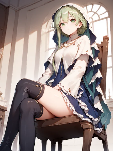score_9, score_8_up, score_7_up,source_anime, high res image,masterpiece,best quality, looking at viewer,
smile, indoors, cowboy shot, sitting, on chair, crossed legs, from side, from below, <lora:CeciliaV2-03:0.8> ((ceciliav2:1.3)), 1girl, green hair, long hair, dress, jewelry, green eyes, hair between eyes, veil, necklace, ((long single sidelock:1.3)), long sleeves, wide sleeves, black thighhighs, frills, zettai ryouiki, blue dress, white dress, parted lips, thighs, skirt, closed mouth, ((folded braid:1.3)), thigh boots <lora:add-detail-xl:2>