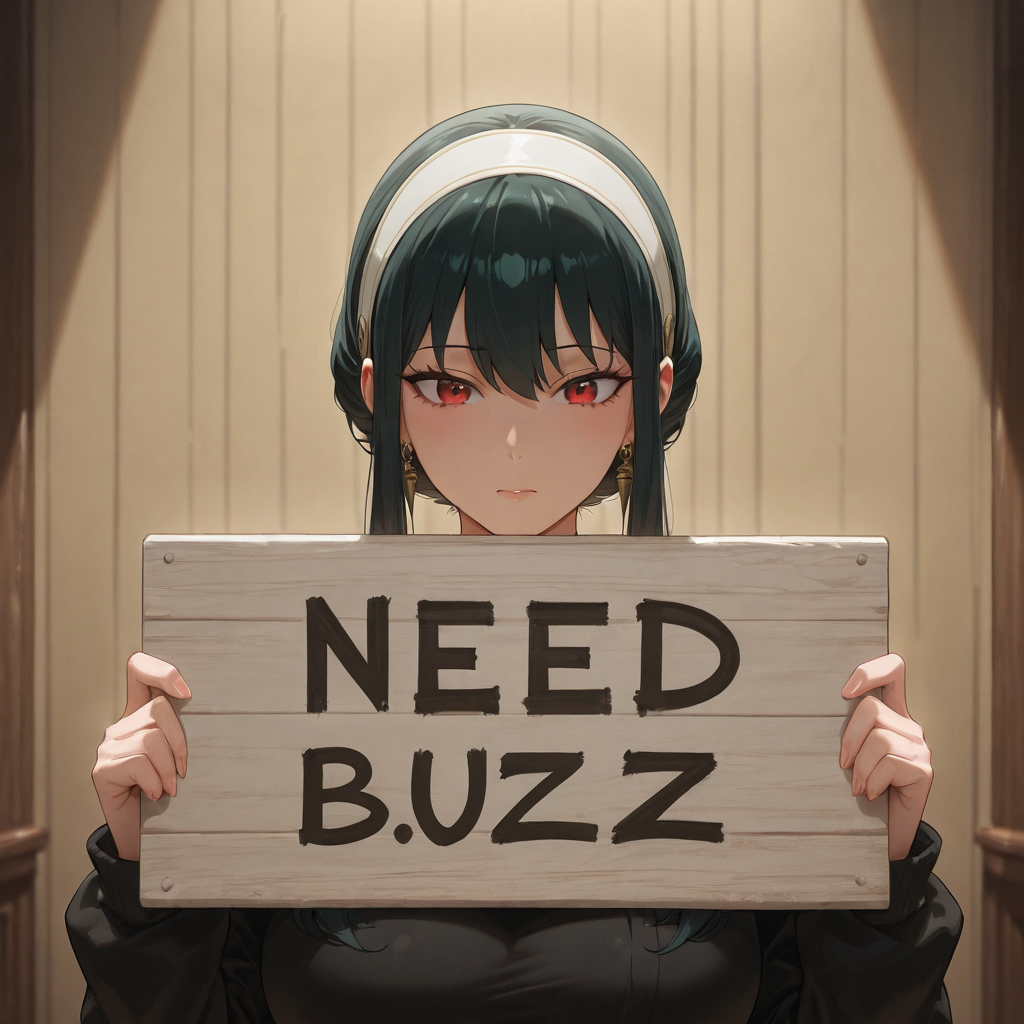 [yor briar, black hair, red eyes, earrings, white hairband, hairband, long hair, sidelocks],night room,(holding sign:4, "NEED BUZZ":2),Aggrieved expression,huge breast,
