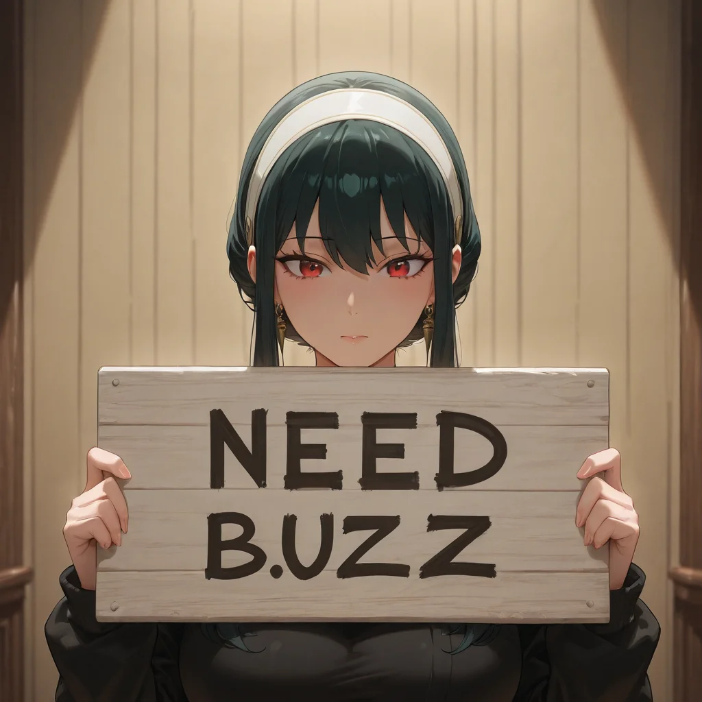 [yor briar, black hair, red eyes, earrings, white hairband, hairband, long hair, sidelocks],night room,(holding sign:4, "NEED BUZZ":2),Aggrieved expression,huge breast,