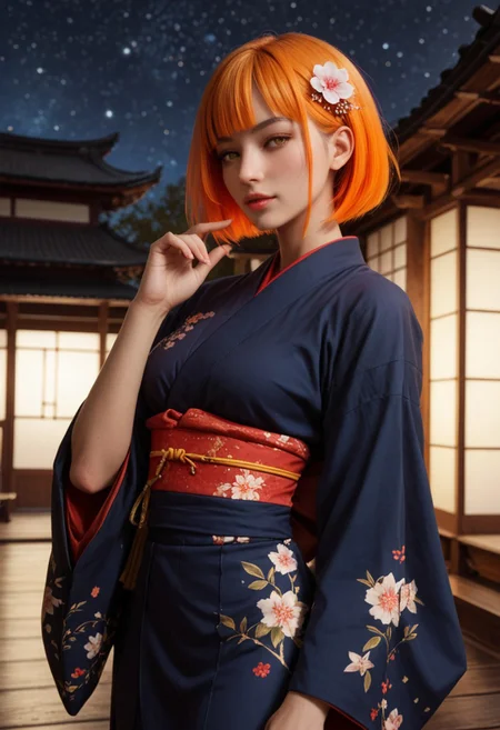 score_9_up, score_8_up, score_7_up, score_6_up, 1girl, 25 years old, perfect face, (adult), sexy,
yellow eyes,
short hair, bob cut, multicolored hair, colored inner hair, orange hair, blunt bangs, sidelocks, hair ornament,
kimono, Japanese architecture,
starry sky, night, hand up,
(cowboy shot),