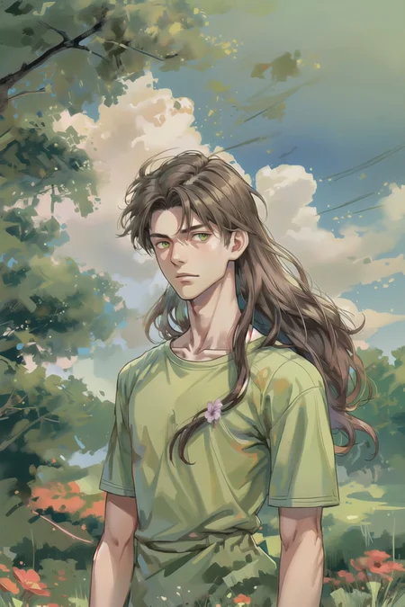 1boy, upper body, green t-shirt, long hair, brown hair, teen, 18 years old, day, flower, grass, cloud, (marsh:1.1), tree, masterpiece, best quality,
<lora:add_detail:0.5> <lora:boldline:0.3> <lora:Cosmic anime-oil fusion v2:0.5> <lora:bichu-v0612:1>