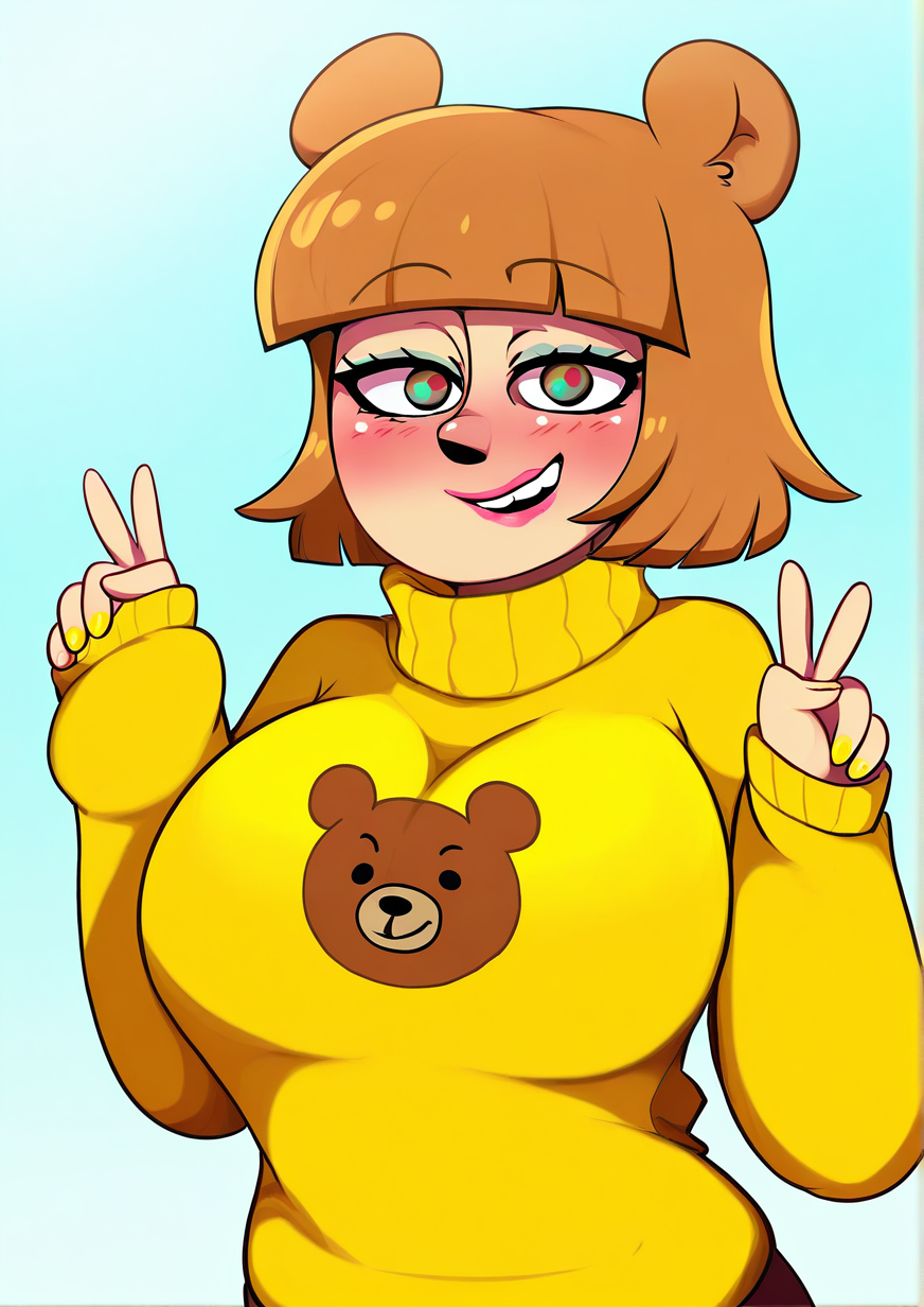 <lora:Cotonus:1.2>,1girl, huge breasts, animal print, baggy clothes, bear head, bear print, bent v, blunt bangs, blush, brown eyes, casual, gradient eyes, light blue background, light brown hair, long sleeves, looking at viewer, multicolored eyes, nail polish, nose blush, open mouth, parted lips, pink lips, print sweater, short hair, sleeves past wrists, smile, solo, sweater, teeth, upper body, v, yellow nails, yellow sweater,