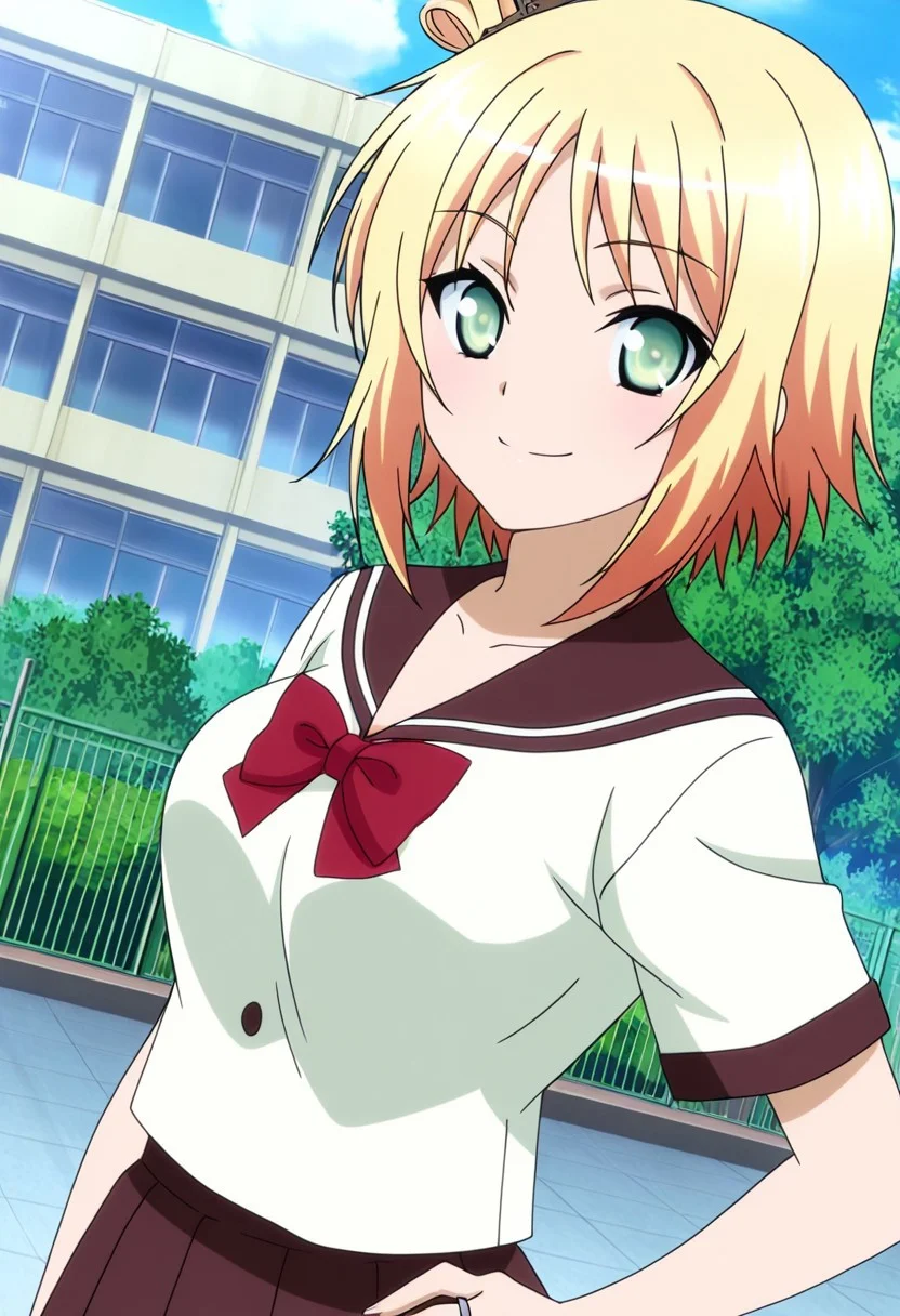 general,highres, ultra-detailed,very aesthetic,best quality ,best hands,best eyes,easynegative,
dynamic anglre, dutch angle, anime cloring,anime screencap,
1girl solo,looking at viewer,school,outdoors,smile,hand on hip,
Mael Strom,blonde hair,short hair,side short ponytail,light green eyes,large breasts,ring hair,serafuku,