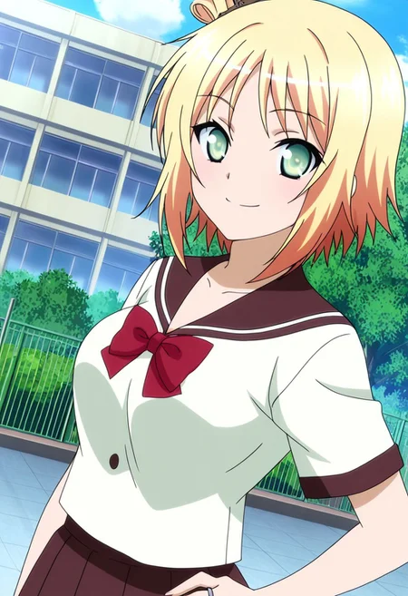 general,highres, ultra-detailed,very aesthetic,best quality ,best hands,best eyes,easynegative,
dynamic anglre, dutch angle, anime cloring,anime screencap,
1girl solo,looking at viewer,school,outdoors,smile,hand on hip,
Mael Strom,blonde hair,short hair,side short ponytail,light green eyes,large breasts,ring hair,serafuku,