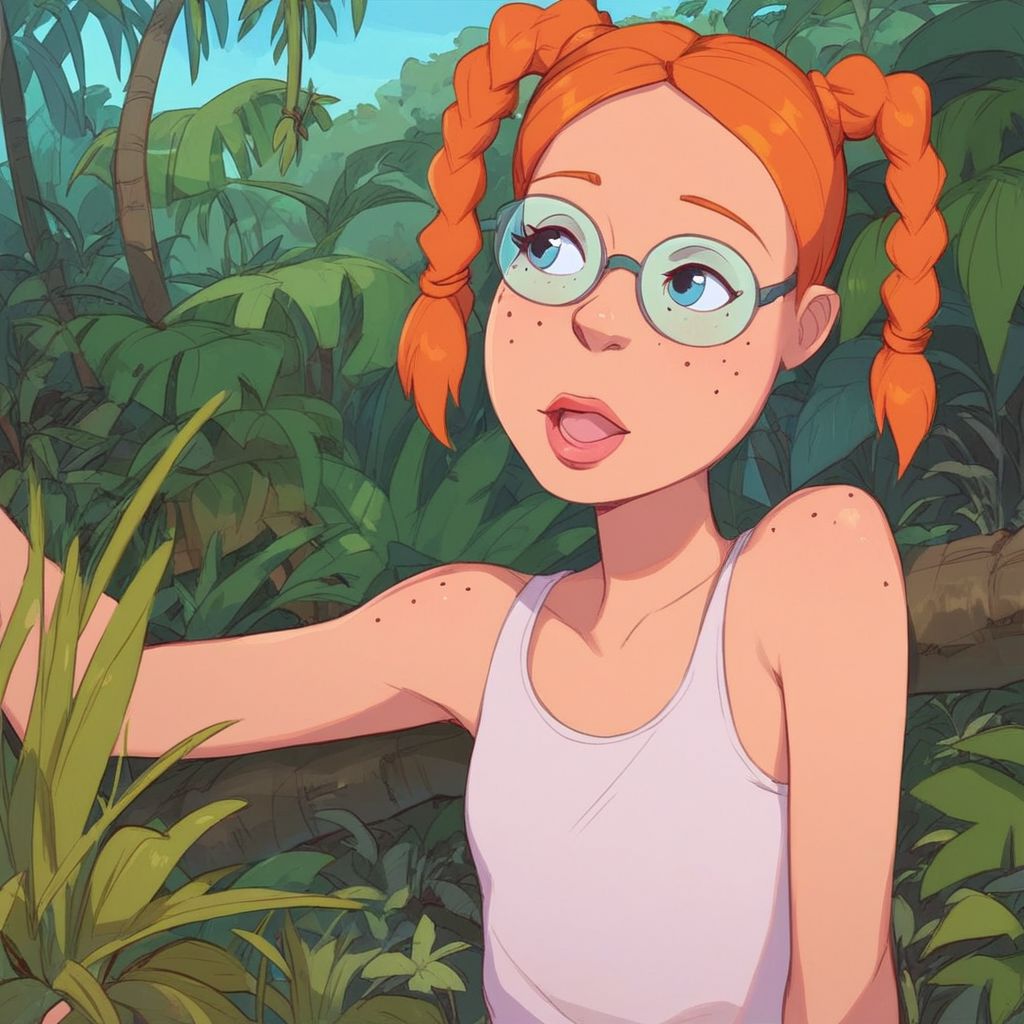 score_8_up, score_9, 1girl, Eliza, orange hair, twintails, braid, freckles, glasses, tank top, outdoors, jungle