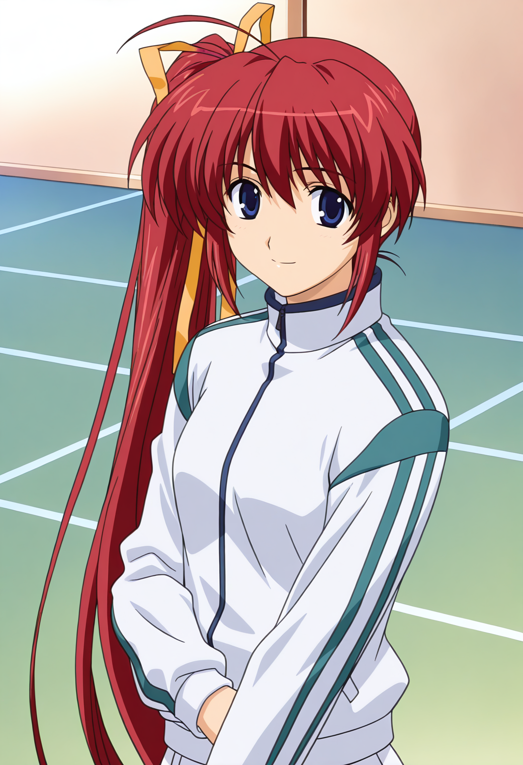 masterpiece, best quality, very aesthetic, absurdres, 1girl, solo,
<lora:takase_mizuki_v01:0.9>, takase_mizuki, mizuki_tennis1, red hair, very long hair, ahoge, side ponytail, blue eyes,
yellow hair ribbon, tennis uniform, track jacket, long sleeves, (smile:0.7), posing, tennis court, upper body