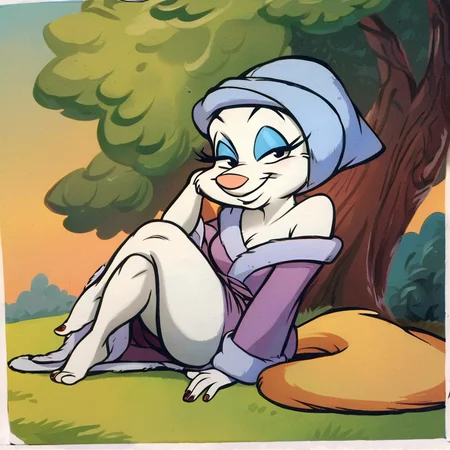 score_9, score_8_up, score_7_up, score_6_up, score_5_up, score_4_up, (Source furry), (rating safe), <lora:MinervaMinkXL:1>, minerva mink, bathrobe, 1girl, solo, dress, towel on head, sitting, tail, barefoot, nail polish, tree, makeup, crossed legs, grass, eyeshadow, furry, furry female, body fur, white fur