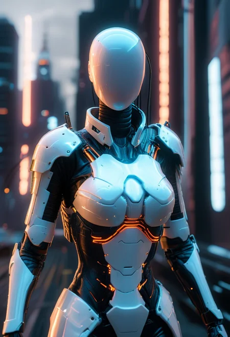 score_9, score_8_up, score_7_up, source_filmmaker, hyper detailed, high quality v3, (ultra-HD details), rating_PG, SFW,
J_diagram bioluminescent Portrait Cyberspace bald white faceless female mannequin with cyberpunk cyborg accents and visible robot joints, wearing a mecha cyberpunk glowing S4mur41 M3ch4 neon lightning armor chest, flying, floating with a cape, between gigantic skyscrapers, midday sun lighting god beams