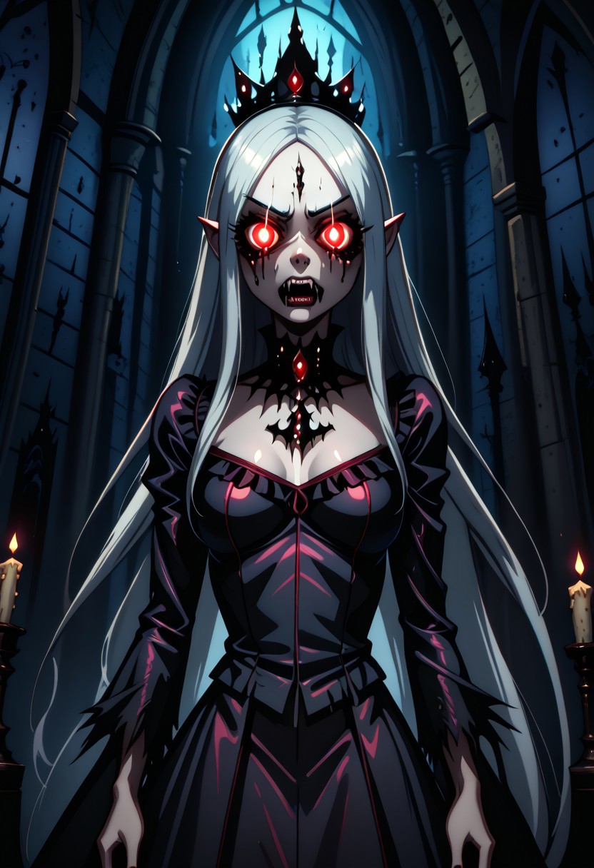packetstyle, closeup portrait, indoors a gothic castle, standing solo girl vampire, gesturing toward viewer, fangs, glowing eyes, very long silver hair, candlelight,