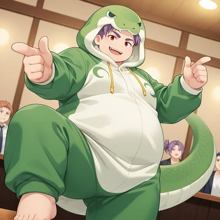 masterpiece, amazing quality, colorful, detailed background, vibrant, very aesthetic, cinematic ambiance, highres, dynamic light, dynamic angle, dramatic angle, highly detailed, ultra-detailed, luminous lighting, hdr, uhd, 8k, soft shading,
<lora:owari-v2-000010:0.9> BREAK t-owari, male focus, 1boy, half-closed eyes, (aged_up:0.5), chubby,
, snake_kigurumi, green snake costume, knee up, standing on one leg, feet out of frame, party, pointing, solo focus, dancing