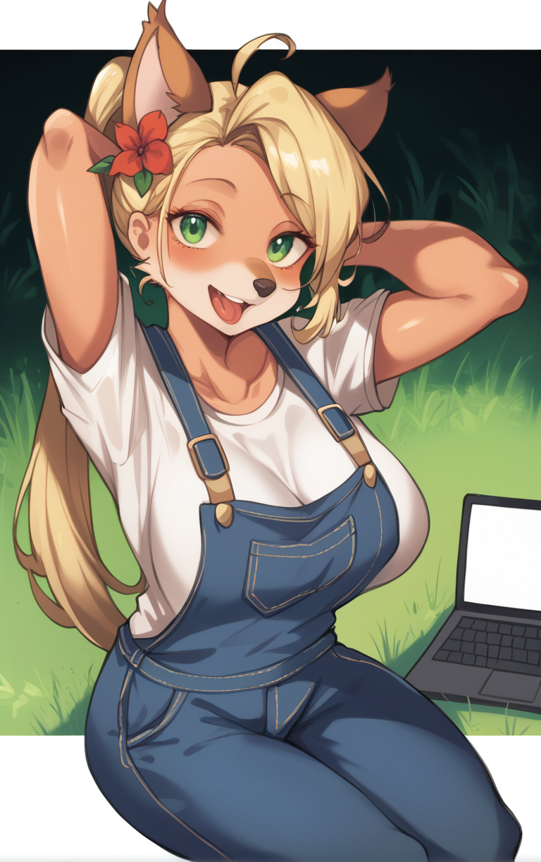 score_9, score_8_up, score_7_up, looking at viewer,  BREAK 
PONYXL_STYLE_iparupua_ownwaifu, 1girl, large breasts, green eyes, furry female, white shirt, hair ornament, hair flower, looking at viewer, animal ears, open mouth, body fur, blonde hair, overalls, collarbone, sitting, long hair, ponytail, smile, hand up, short sleeves, happy, white border, blush, laptop, outdoors, animal nose, grass, outside border, :3, red flower, teeth, horns, day, tongue, ahoge, computer, taut clothes
(watson cross, arms behind head, full body), shadow, halftone background, shoes,  <lora:PONYXL_STYLE_iparupua_ownwaifu:0.8> , depth of field, solo,
