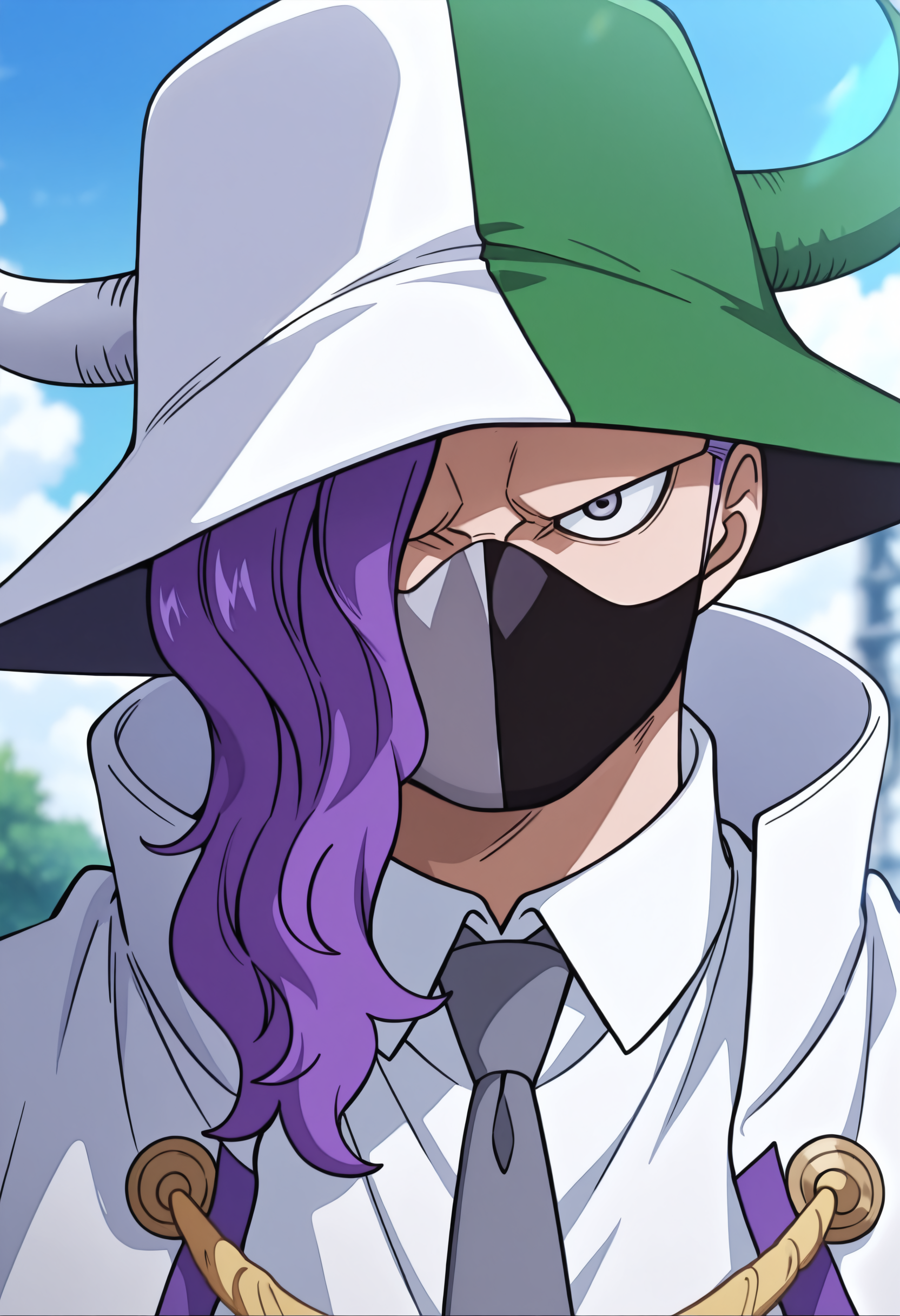 masterpiece, best quality, newest, absurdres, highres, very awa, anime screencap, official art, ambient occlusion, depth of field, simple background, Pageonep1, page_one_\(one_piece\), 1boy, necktie, mask, male focus, purple hair, hat, solo, mouth mask, watermark, collared shirt, hair over one eye, shirt, long hair, green headwear, grey necktie, white coat, coat, white shirt, high collar, white headwear, portrait, blurry, angry, looking at viewer, grey eyes, asymmetrical hair, covered mouth, white jacket, purple eyes, blurry background