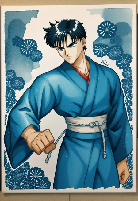 PonyXLV6_Scores Naoko Takeuchi Style, 1boy, male focus, martial artist, kimono, black hair, blue eyes, bishonen, video game character, street fighter, OH GOD, traditional media, FALLENINCURSIO MIGHT KICK ME I AM TIRED, art by whatever, trending on pixiv, WatercolorMangaPDXL