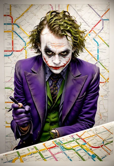 pen and paper sketch, <lora:xk3mt1ks:1> subway map of a joker, in the style of xk3mt1ks