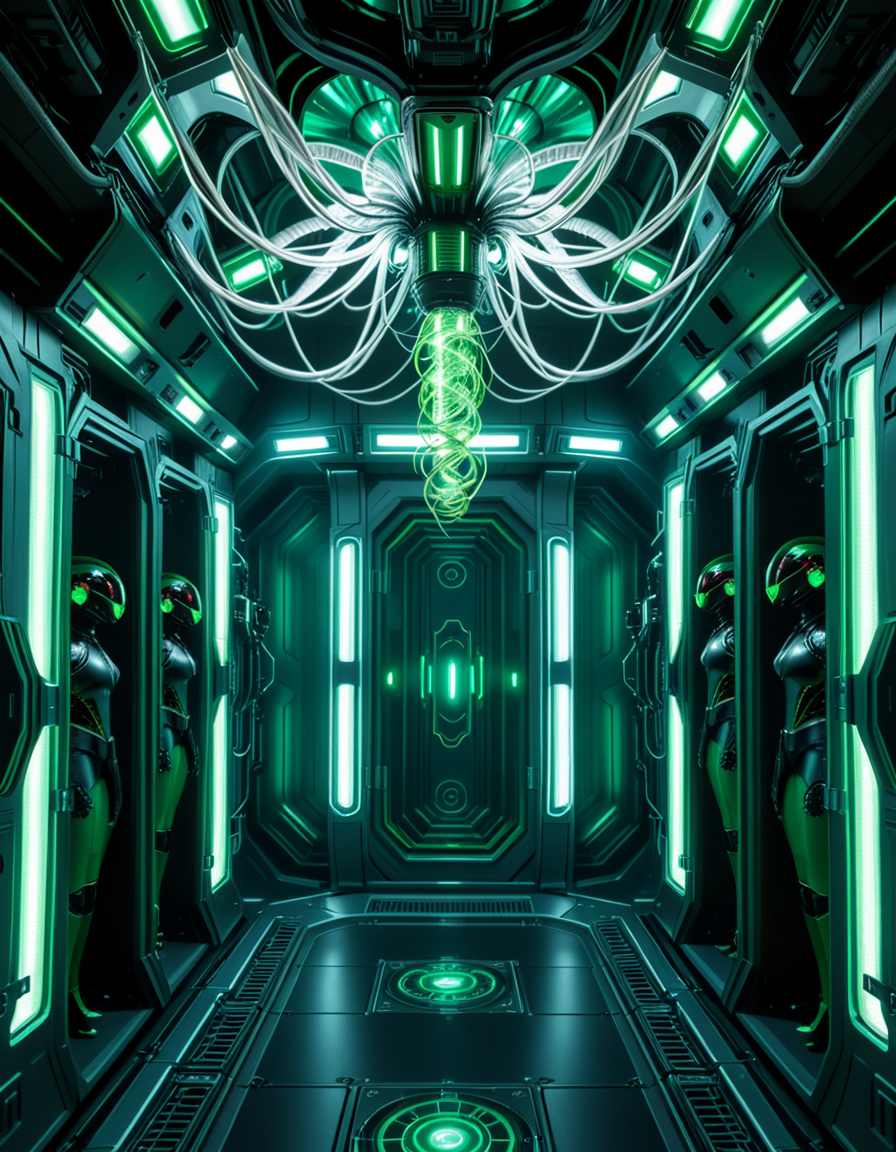 A dark, oppressive regeneration chamber deep within a Borg vessel â a biomechanical environment where drones return to recharge and interface with the collective. The chamber is dimly lit with pulsating green and white lights that flicker through dense shadows. The walls are lined with vertical alcoves, each containing a Borg drone standing motionless, plugged into the system via biomechanical tendrils, tubes, and neural interfaces embedded into their bodies.
The surfaces of the room are a fusion of metallic plating, organic texture, and cybernetic growths â as if the ship itself is alive, constantly shifting and adapting. Steam hisses softly from vents near the floor, and faint mechanical whirring echoes through the chamber. Fiber optic cables pulse with data transmissions, running across the ceiling like glowing veins. 
Above, a central neural conduit hangs like a mechanical spine from the ceiling, branching out and connecting to each alcove, feeding the collective hive mind with real-time information. The atmosphere is cold, sterile, and unnervingly silent â a place devoid of individuality, where only the will of the collective exists. There is no comfort here, only efficiency, order, and total control. 
<lora:SDXLFaeTastic2400:0.4> <lora:extremely_detailed:0.4> extremely detailed,<lora:borg_recharge_ch4mb3r:1>,borg recharge ch4mb3r, Masterpiece,best quality,hi res,8k,hi res,8k,award winning,(sharp focus, intricate, highly detailed),