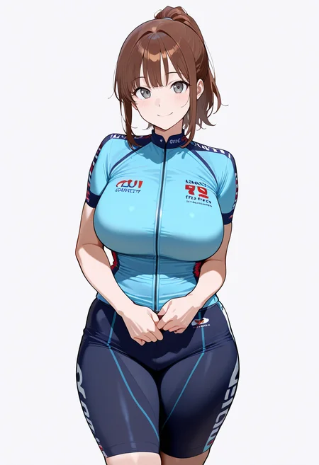 masterpiece, best quality, amazing quality, simple background,((outlined outlined vector graphics)), simple background, white background,
1girl, solo, female focus ,20yo, brown hair, gray eyes, (large breast:1.1), (ponytail:1.1), medium hair,(curvy:1.1),bangs, looking at viewer ,smile, happy, ,,cowboy shot,cycling wear, cycling-wear, cute face , short sleeves <lora:cycling-wear-il-01:0.7>
