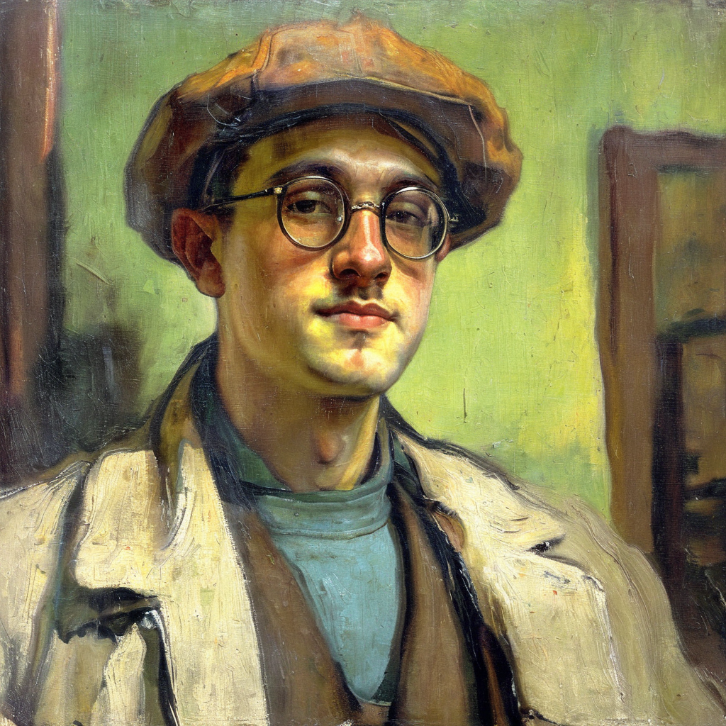 barbacki professional portrait of young male artist painter wearing hat and glasses<lora:barbacki:1>