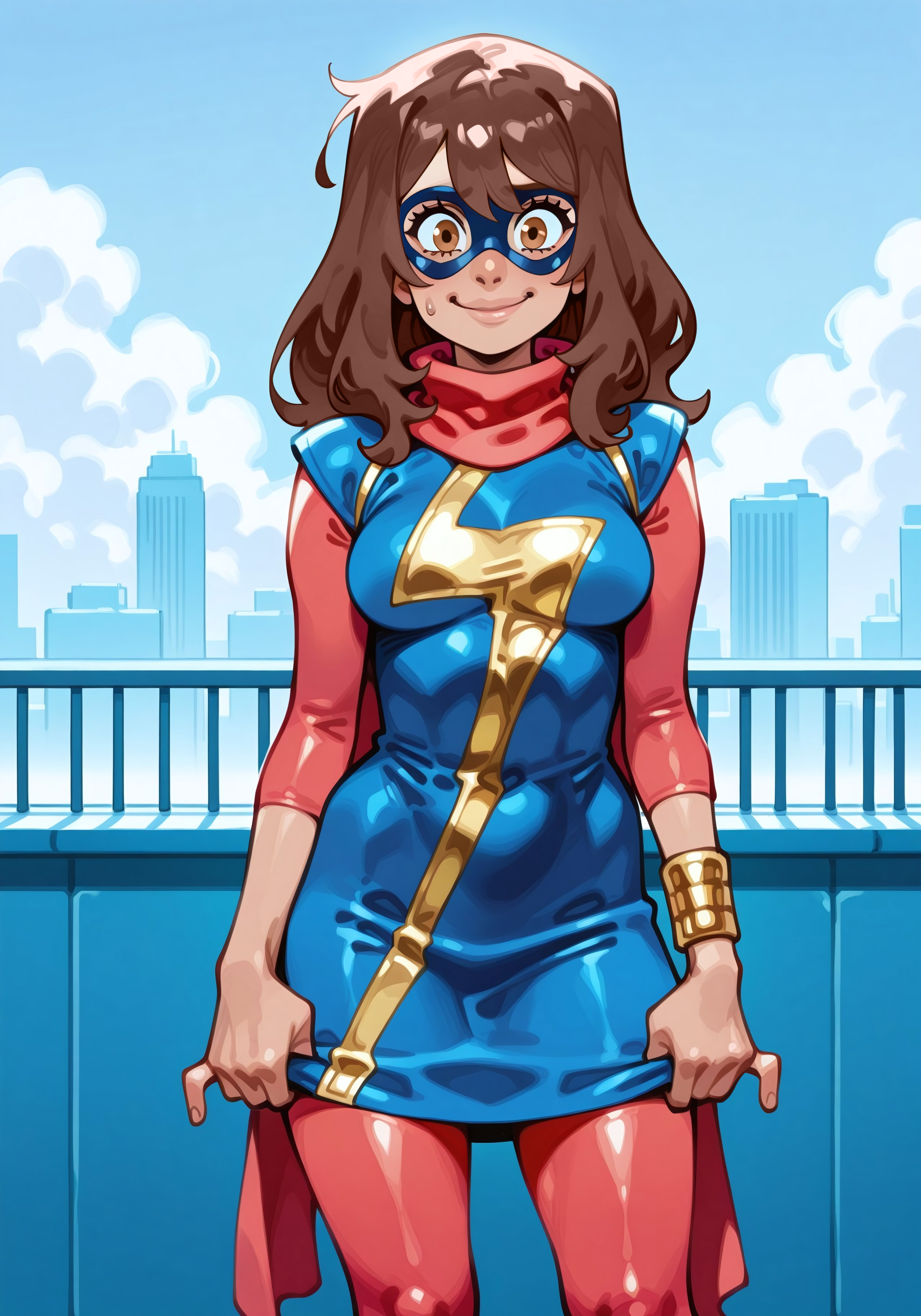 masterpiece, best quality, amazing quality, very aesthetic, absurdres, newest, detailed eyes, JJFrenchiestyle, 6l005, 

1girl, mmkamalakhan, brown hair, bangs, brown eyes, dark-skinned female, brown eyes, long hair, blue dress, sleeves, scarf, bracelet, domino mask, red pantyhose, 
 medium breasts,

(nervous), smile, standing, rooftop, NYC, looking at viewer, lifting dress, teasing, day, sunny, 

