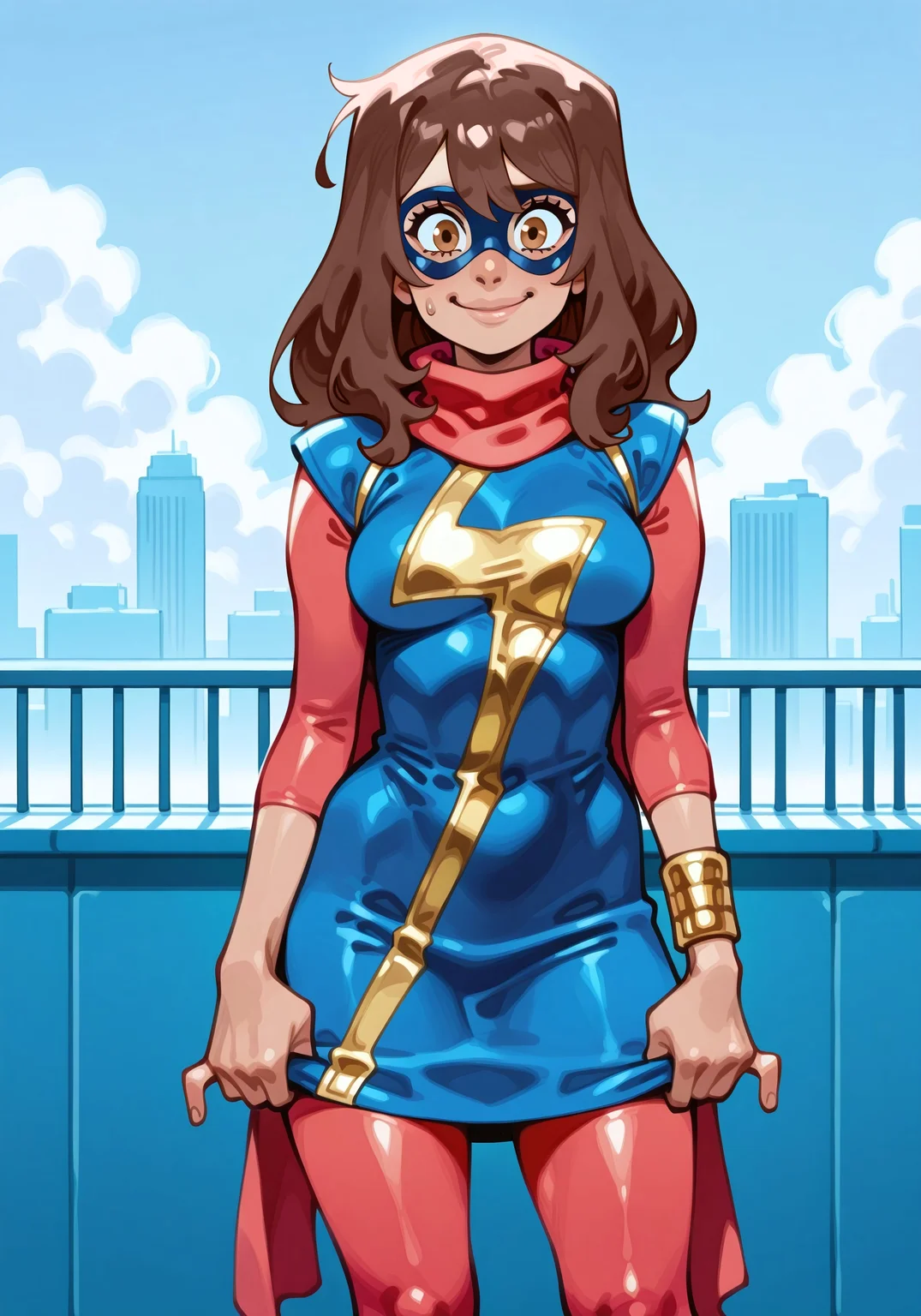 masterpiece, best quality, amazing quality, very aesthetic, absurdres, newest, detailed eyes, JJFrenchiestyle, 6l005,
1girl, mmkamalakhan, brown hair, bangs, brown eyes, dark-skinned female, brown eyes, long hair, blue dress, sleeves, scarf, bracelet, domino mask, red pantyhose,
medium breasts,
(nervous), smile, standing, rooftop, NYC, looking at viewer, lifting dress, teasing, day, sunny,