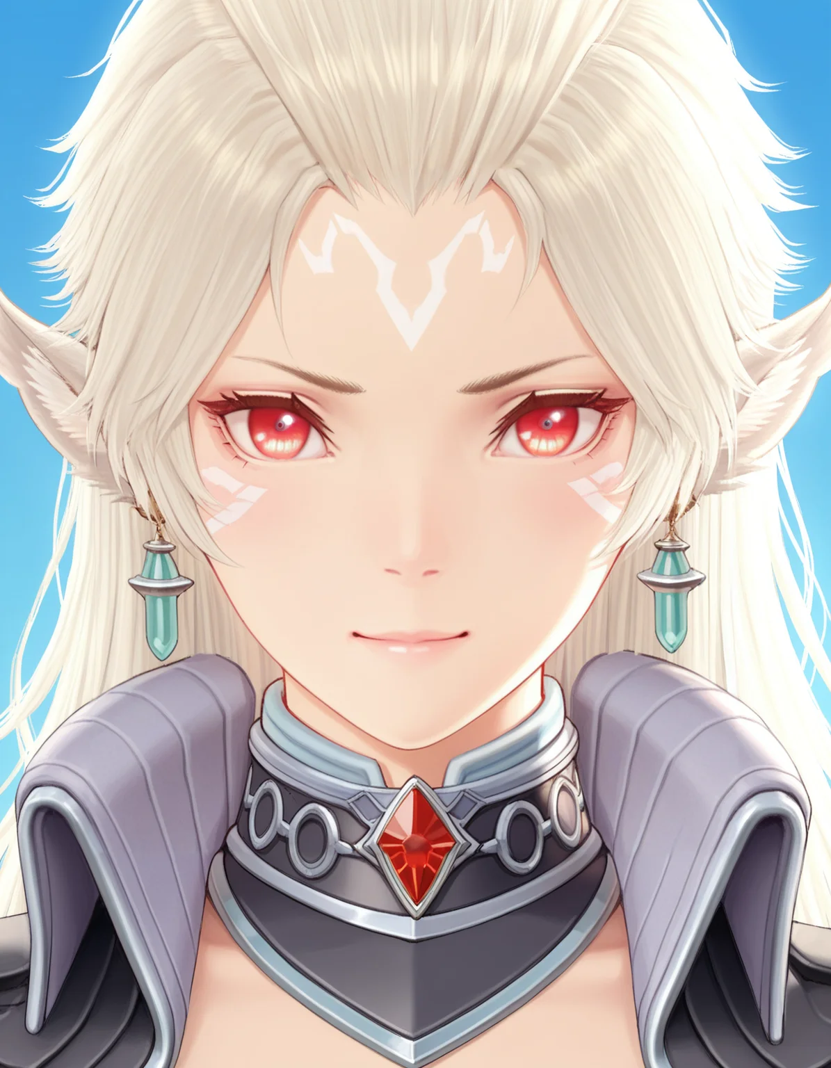masterpiece, best quality, good quality, 1girl, solo, portrait, xenoblade, gorget, face marks, red eyes, earrings, neilnail <lora:neilnail illustrious 013:1>