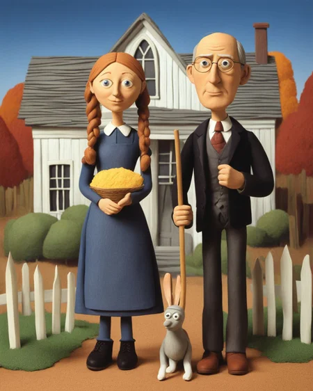 American gothic by grant wood ClaymationX <lora:SDXL-ClaymationX-Lora-000002:0.8>