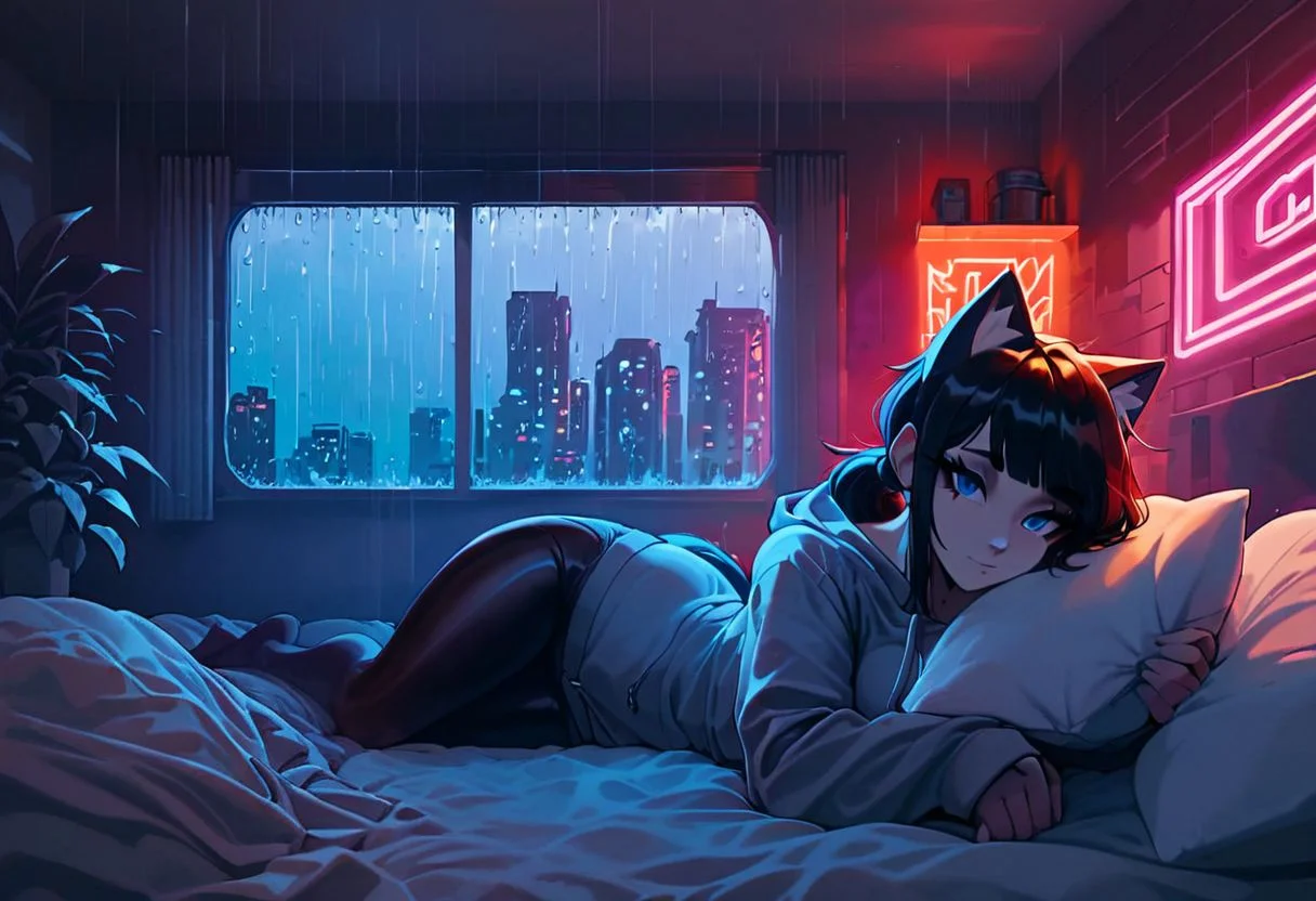 score_9,score_8_up,score_7_up,score_6_up, 1girl,
sitting in bed next to a large window, holding coffee cup, steaming coffee cup on windowsill, wearing croptop hoodie, black croptop hoodie, long hair, black hair, low ponytail hairstyle, pov from outside, view from putside the window looking into the room, looking out window, head resting on pillow laying on the bed, hoodie, plants on the windowsill, looking out the window, looking at viewer, background is the bedroom, tidy bedrrom, small room, cramped bedroom, teddies on the bed,, wearing legging, see through thights, black tights, cyberpunk city view out of the window, raining outside, heavy rain outside, neon light, purple neon lights, cat on the bed, pet cat in the room, pet cat sleeping on the bed
