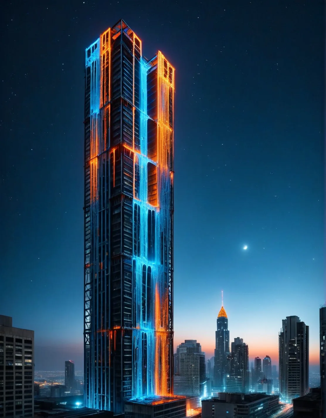 The skeletal remains of a forgotten skyscraper, its steel beams encased in blue and orange ais-nnsplsh, creating a stark contrast against the night sky. <lora:ais-nnsplsh-sdxl:1>
