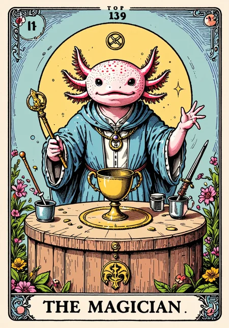 a tarot card in the style of ck-tc featuring, axolotl, A tarot card with the text "The Magician," an axolotl in a robe, a table with a wand, a cup, a sword, a pentacle, an infinity symbol above its head.<lora:Axomodel_Flux_V1.1.safetensors:1.0:1.0> <lora:ck-tarot-000015.safetensors:1:1>