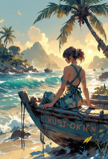 Mh1$AgThS2, intricate linework with expressive contrasts, soft lighting with dynamic highlights, Japanese woman in a floral-pattern summer dress sitting on an old boat beached on a tropical island, overlooking a majestic azure blue ocean with gentle waves, landscape, sunset. Impressionistic, ligne claire outlines for clarity and structure, In the style of ff-td