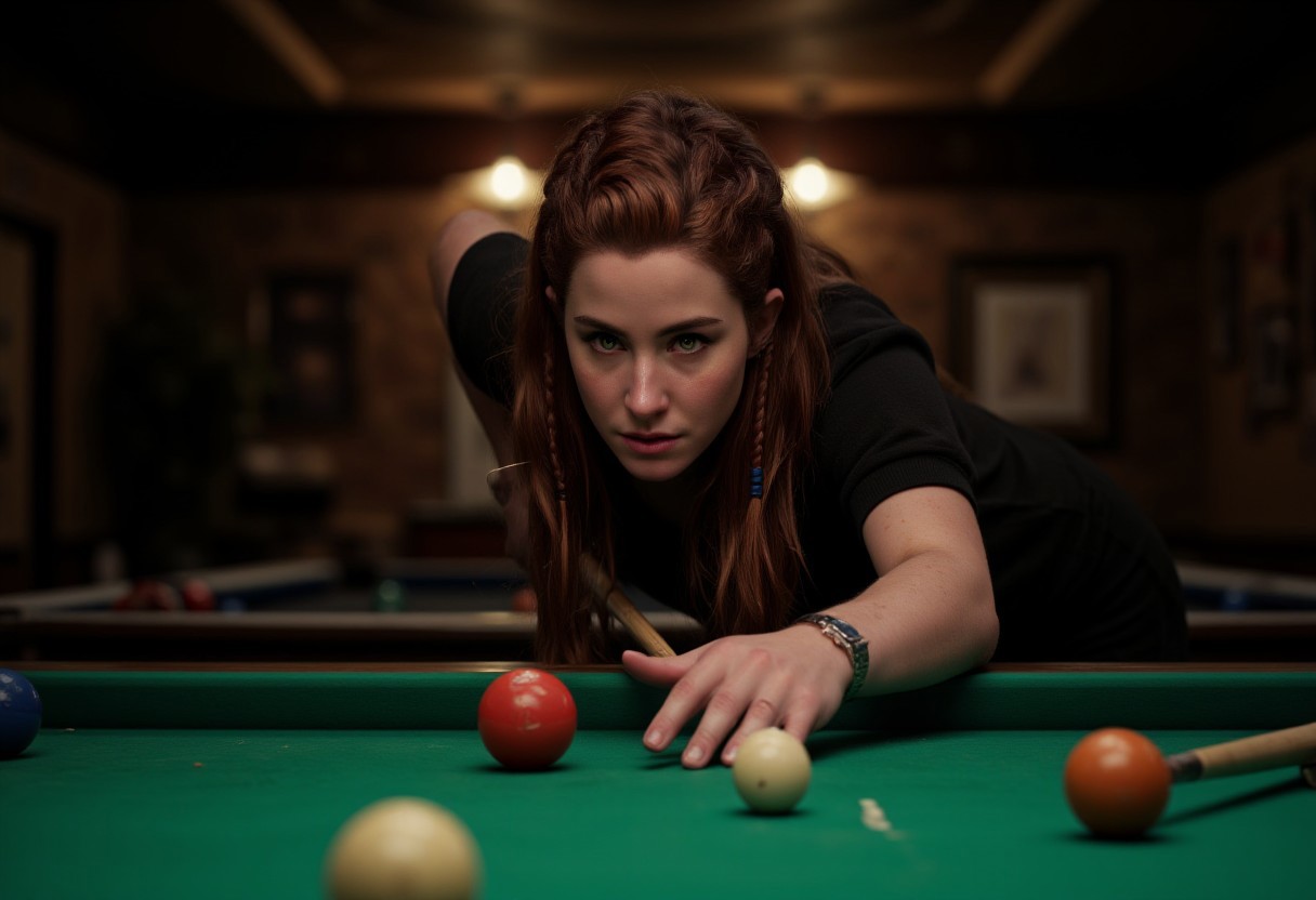 cinematic epic wallpaper splash concept art, 8k ,
negative space, ray tracing, 
20yo Aloy with green eyes and freckles and light skin with a warm undertone and red braided long hairstyle with beads in it
in a billiards room, holding a snooker stick, preparing to take a shot in snooker, intricate details of the pool table and cues, soft lighting from overhead lamps, by Edgar Degas or Paul Cézanne, long shot with focus on the woman's concentration and form.
wearing yoga pants and polo shirt