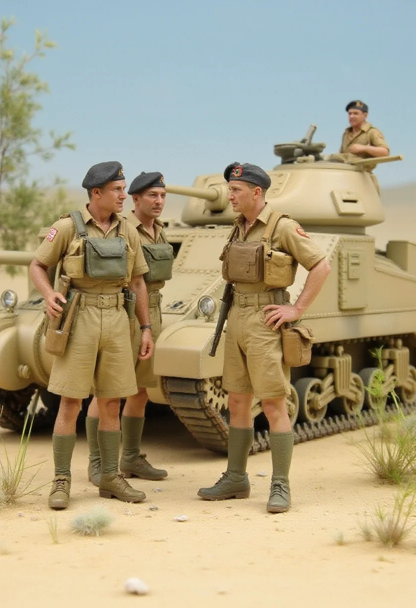 <lora:ck-plastic-models:0.8> is a plastic model kit diorama depicting British tank crews from World War II taking a moment's rest by an oasis. The entire model kit is made of plastic parts with meticulous detail. Behind the tank crews is a tank. The tank crews are wearing berets. <lora:m3grant:1>m3grant
a diorama of a plastic model kit featuring,